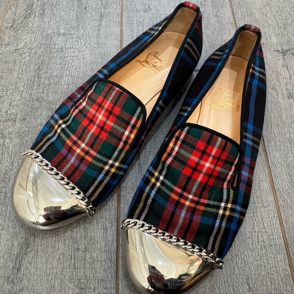 Christian Louboutin Multicolor Tartan Slip-On Loafers with Silver Cap Toe